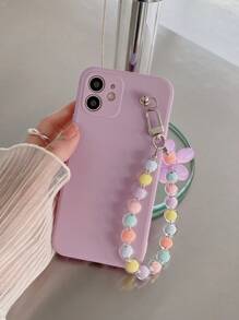 素色手機殼帶花朵設計串珠手機掛繩 - 淡紫色 - 查看 1