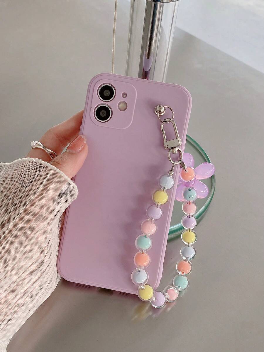 素色手機殼帶花朵設計串珠手機掛繩 - 淡紫色 - 查看 1