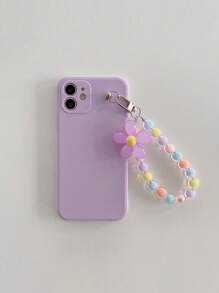素色手機殼帶花朵設計串珠手機掛繩 - 淡紫色 - 查看 3