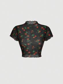 SHEIN MOD Cherry Print Lettuce Trim Mesh Top - Multicolor - View 1