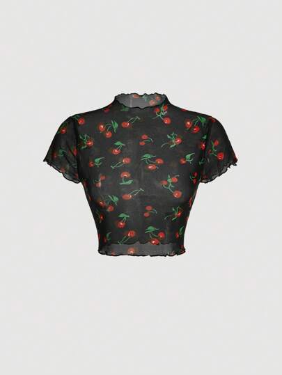 SHEIN MOD Top con estampado de cereza ribete en forma de lechuga de malla