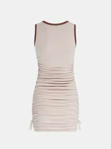 SHEIN Teen Girls Dog & Slogan Graphic Drawstring Side Ruched Dress - Beige - View 2