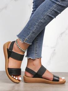 Women Double Strap Slingback Sandals, Elegant Black Wedge Sandals - Black - View 2