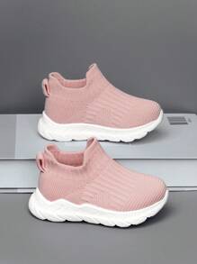 女嬰針織細節一腳蹬織物襪型運動鞋適用於戶外 - 粉色 - 查看 3