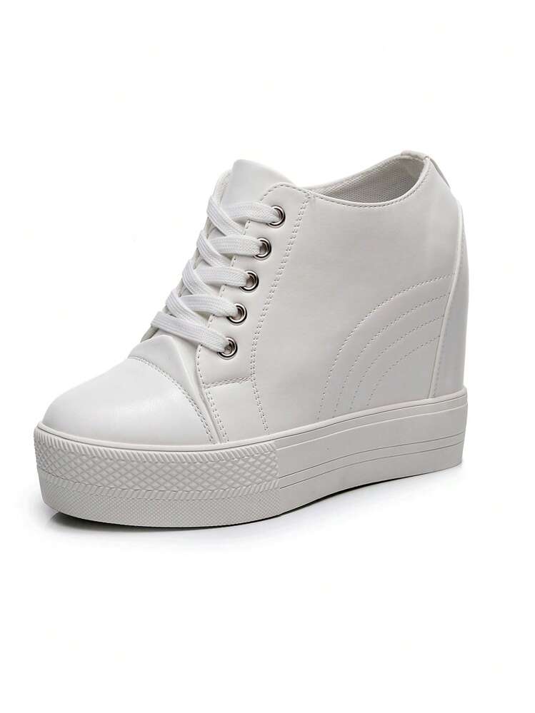 Women Minimalist Lace-up Front Wedge Sneakers, Sporty Outdoor Sneakers - White - View 1