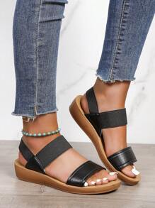 Women Double Strap Slingback Sandals, Elegant Black Wedge Sandals - Black - View 4
