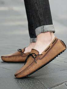 Mannen Bow Decor Gestikt Detail Rijden Loafers, Kunstleer Mode Loafers