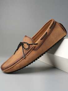 Mannen Bow Decor Gestikt Detail Rijden Loafers, Kunstleer Mode Loafers