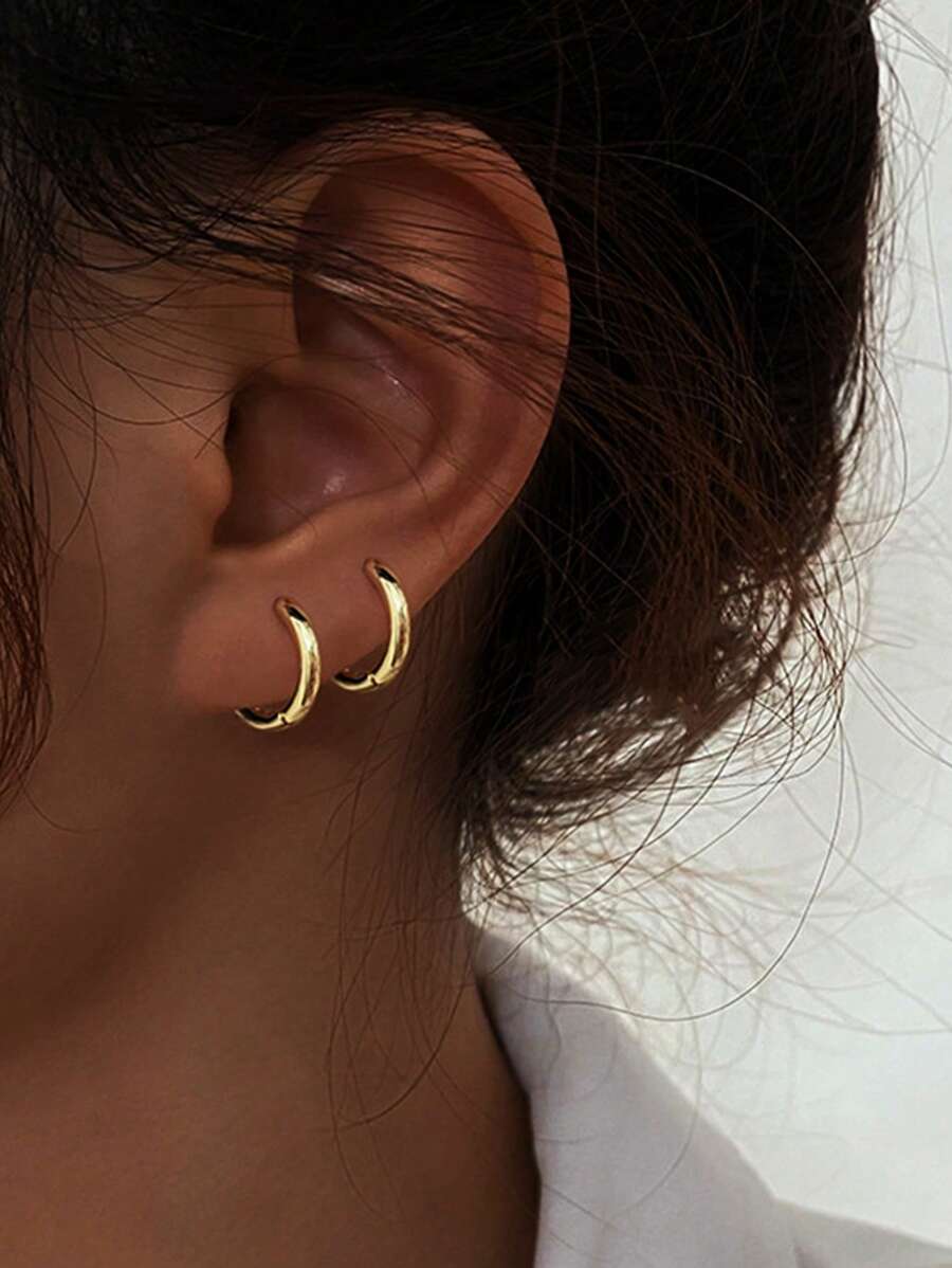 3 cặp/bộ Bông tai dạng vòng bằng thép không gỉ tối giản - Vàng - Xem 1