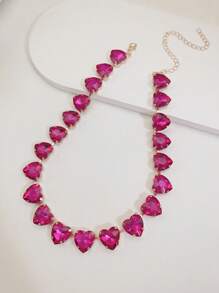 1pc Glamorous Rhinestone Heart Decor Chain Bracelet For Women For Party Decoration - Hot Pink - View 2