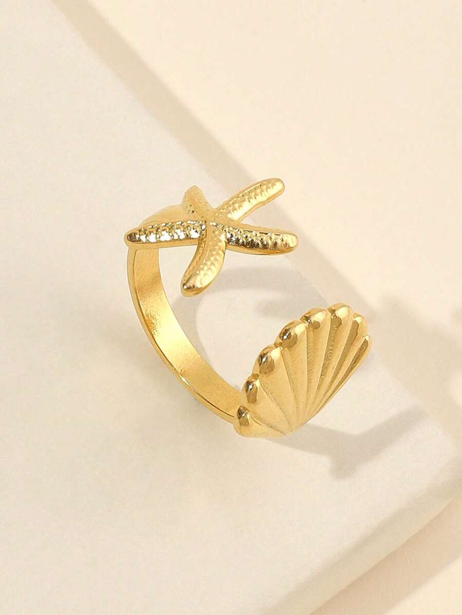 1入組時尚不銹鋼海星和貝殼裝飾開口戒指適合女士日常裝飾 - 金黃色 - 查看 1