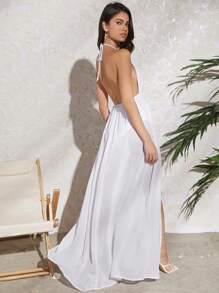 Travachic Vestido halter unicolor de espalda abierta con cordón de muslo con abertura M - Blanco - Ver 2