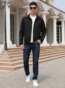 男士拉鏈開襟拼接側邊接縫仿麂皮夾克 - 黑色 - 查看 6