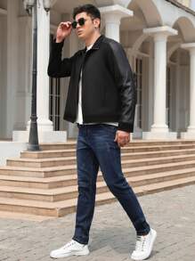 男士拉鏈開襟拼接側邊接縫仿麂皮夾克 - 黑色 - 查看 7