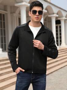 男士拉鏈開襟拼接側邊接縫仿麂皮夾克 - 黑色 - 查看 8