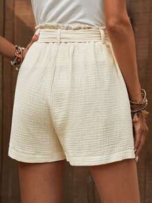 SHEIN LUNE 紙袋腰腰帶闊腿短褲 - 杏色 - 查看 2