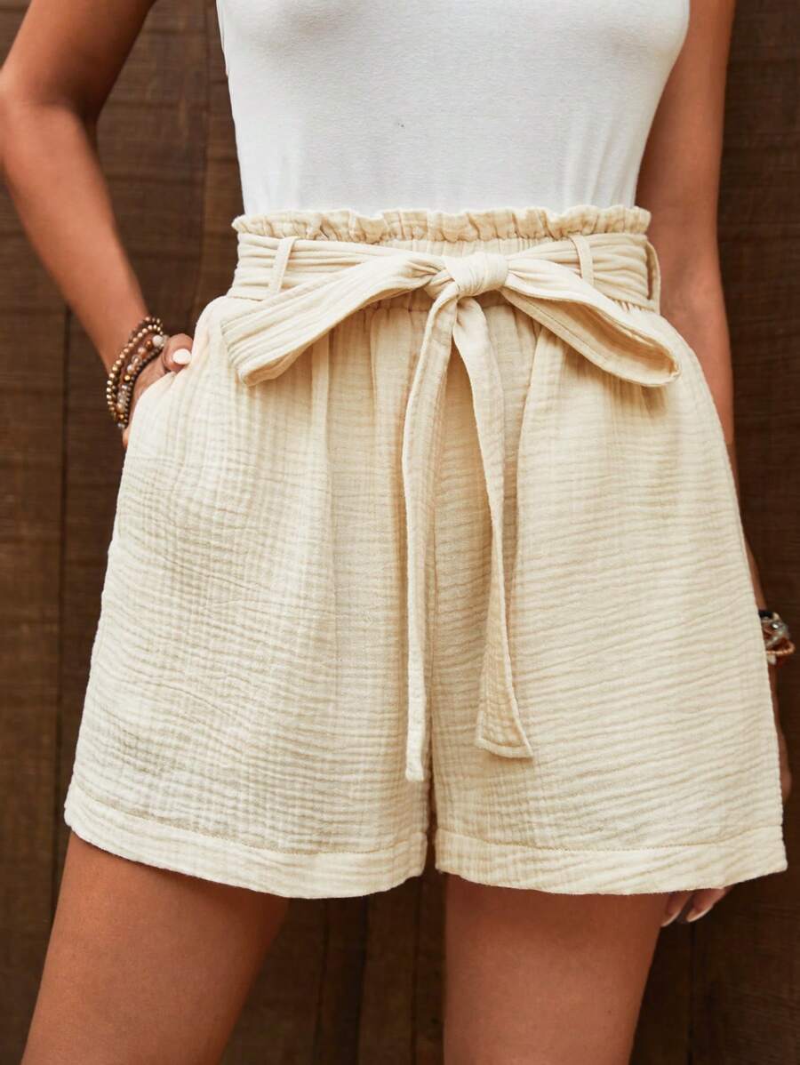 SHEIN LUNE 紙袋腰腰帶闊腿短褲 - 杏色 - 查看 1