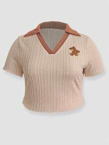 SHEIN Qutie Plus Bear Patched Contrast Collar Tee - Khaki - View 1
