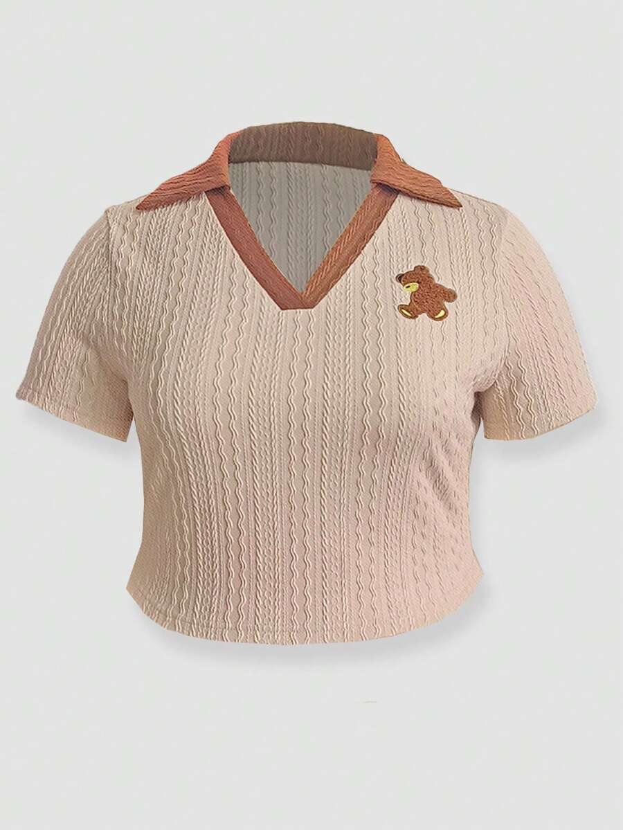 SHEIN Qutie Plus Bear Patched Contrast Collar Tee - Khaki - View 1