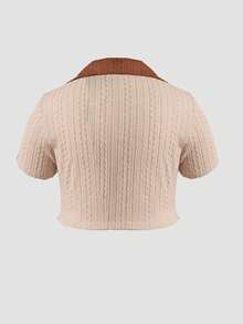 SHEIN Qutie Plus Bear Patched Contrast Collar Tee - Khaki - View 4