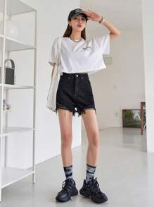 DAZY Raw Hem Solid Denim Shorts