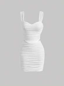 SHEIN MOD Bộ đồ hai mảnh nữ Bất đối xứng Xù màu trơn Gợi cảm - trắng - Xem 1