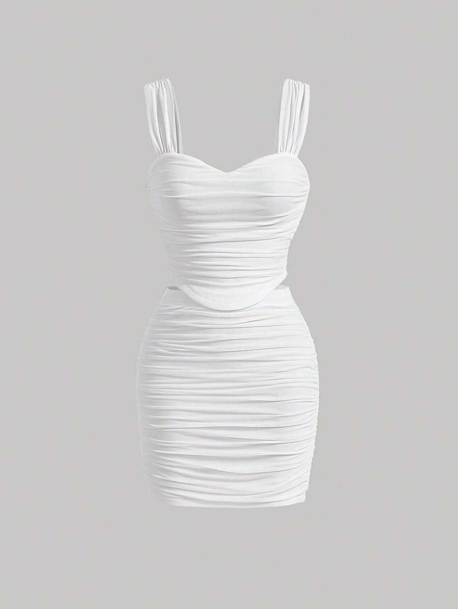 SHEIN MOD Bộ đồ hai mảnh nữ Bất đối xứng Xù màu trơn Gợi cảm - trắng - Xem 1