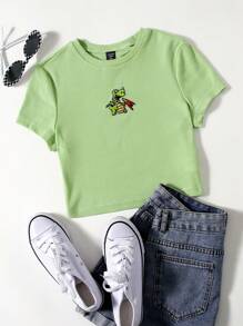 SHEIN Qutie Camiseta crop con bordado de dinosaurio - Verde Lima - Ver 1