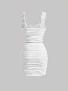 SHEIN MOD Bộ đồ hai mảnh nữ Bất đối xứng Xù màu trơn Gợi cảm - trắng - Xem 2