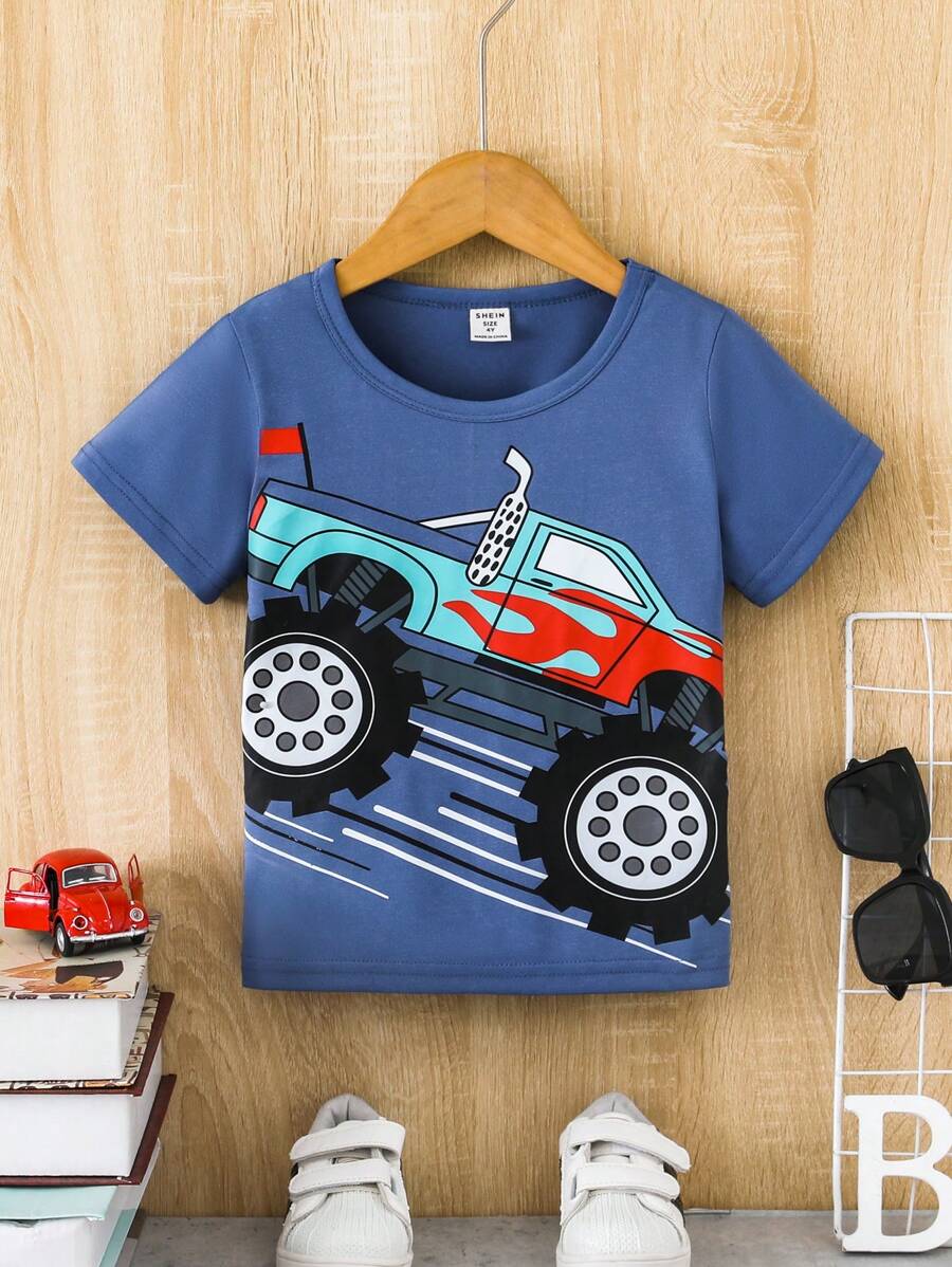 SHEIN Young Boy Summer Short Sleeve T-shirt With Truck Pattern - Navy Blue - View 1