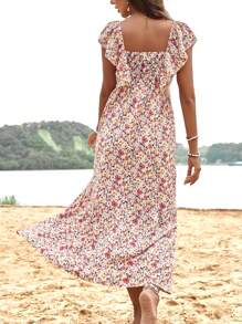 SHEIN VCAY Ditsy Floral Print Square Neck Ruffle Hem Dress Maxi Women Outfit - Multicolor - View 2