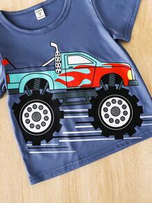 SHEIN Young Boy Summer Short Sleeve T-shirt With Truck Pattern - Navy Blue - View 3
