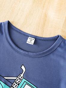 SHEIN Young Boy Summer Short Sleeve T-shirt With Truck Pattern - Navy Blue - View 6