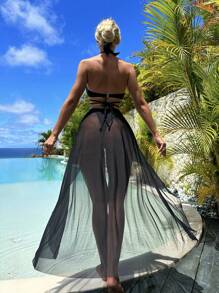 荷葉邊泳衣下裝附沙灘裙 - 黑色 - 查看 7