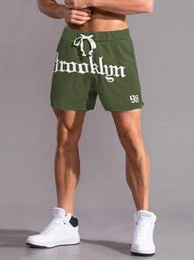 Aesthetic Post 男士字母圖案腰部抽繩短褲 - 軍綠色 - 查看 3