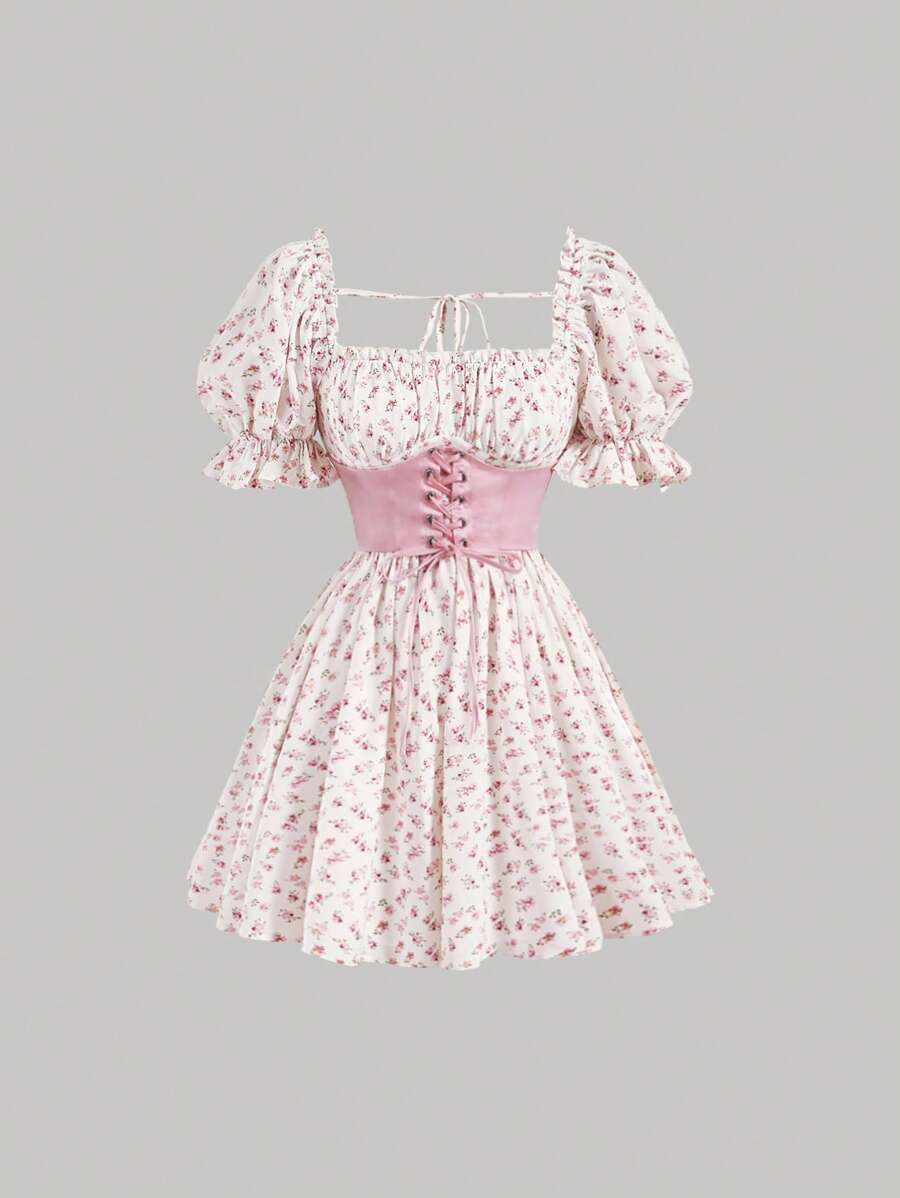 SHEIN MOD Ditsy Floral Print Lace Up Front Milkmaid Dress - Multicolor - View 1
