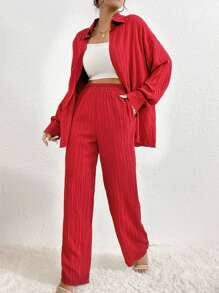 RueChic Drop Shoulder Shirt & Pants - Red - View 3