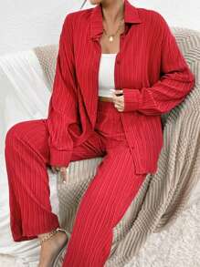 RueChic Drop Shoulder Shirt & Pants - Red - View 4