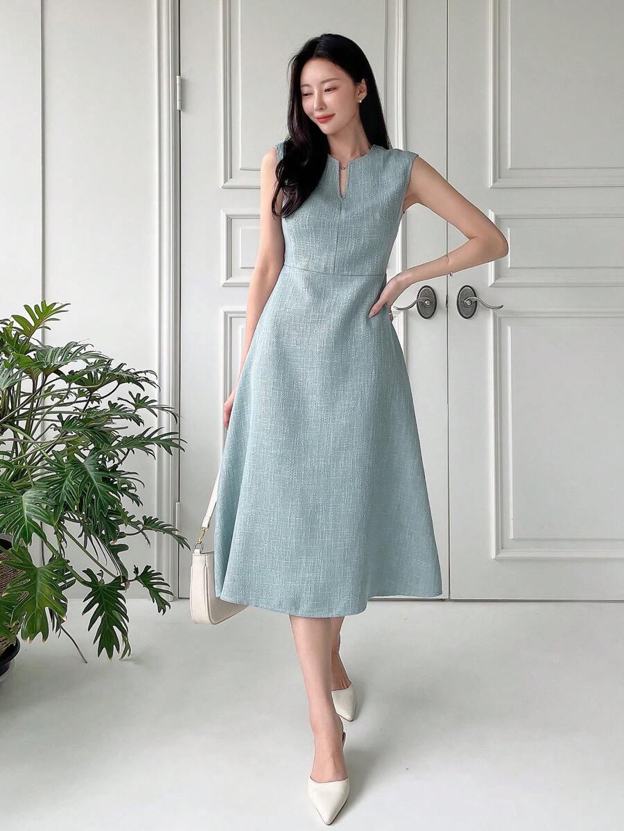 DAZY 全色系陣容,短袖剪線 A-line 輕盈洋裝 - 藍色 - 查看 1