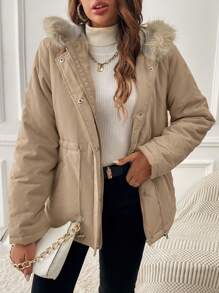 SHEIN EZwear Fuzzy Trim Slant Pocket Drawstring Waist Hooded Parka Coat In Fall/Winter - Coffee Brown - View 1
