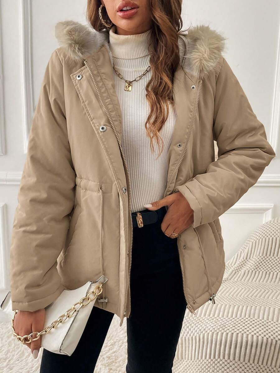 SHEIN EZwear Fuzzy Trim Slant Pocket Drawstring Waist Hooded Parka Coat In Fall/Winter - Coffee Brown - View 1