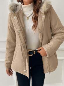 SHEIN EZwear Fuzzy Trim Slant Pocket Drawstring Waist Hooded Parka Coat In Fall/Winter - Coffee Brown - View 3