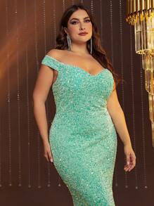 Plus Off Shoulder Split Thigh Sequins Formal Dress - Mint Green - View 4