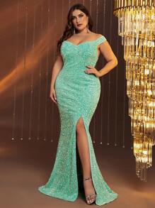 Plus Off Shoulder Split Thigh Sequins Formal Dress - Mint Green - View 5