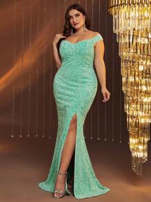 Plus Off Shoulder Split Thigh Sequins Formal Dress - Mint Green - View 6