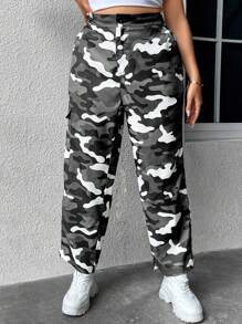 Flirla Plus Camo Print Flap Pocket Side Cargo Trousers - Multicolor - View 1