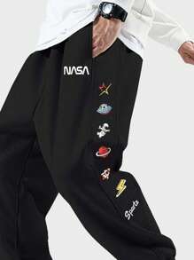 Chillumni 帶字母和太空人印花的寬鬆男款汗褲，純黑色出遊搞笑男友禮物 - 黑色 - 查看 3