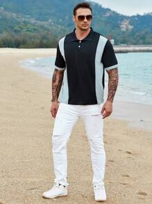 Manfinity Homme Áo thun có cổ Nam Nút phía trước Khối Màu Giải trí - màu đen - Xem 3