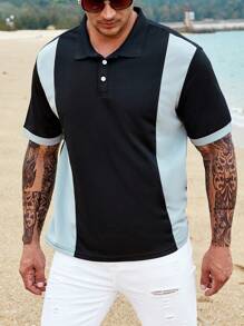 Manfinity Homme Áo thun có cổ Nam Nút phía trước Khối Màu Giải trí - màu đen - Xem 4