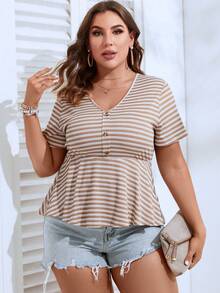 SHEIN LUNE Plus Striped Print Peplum Tee - Multicolor - View 3